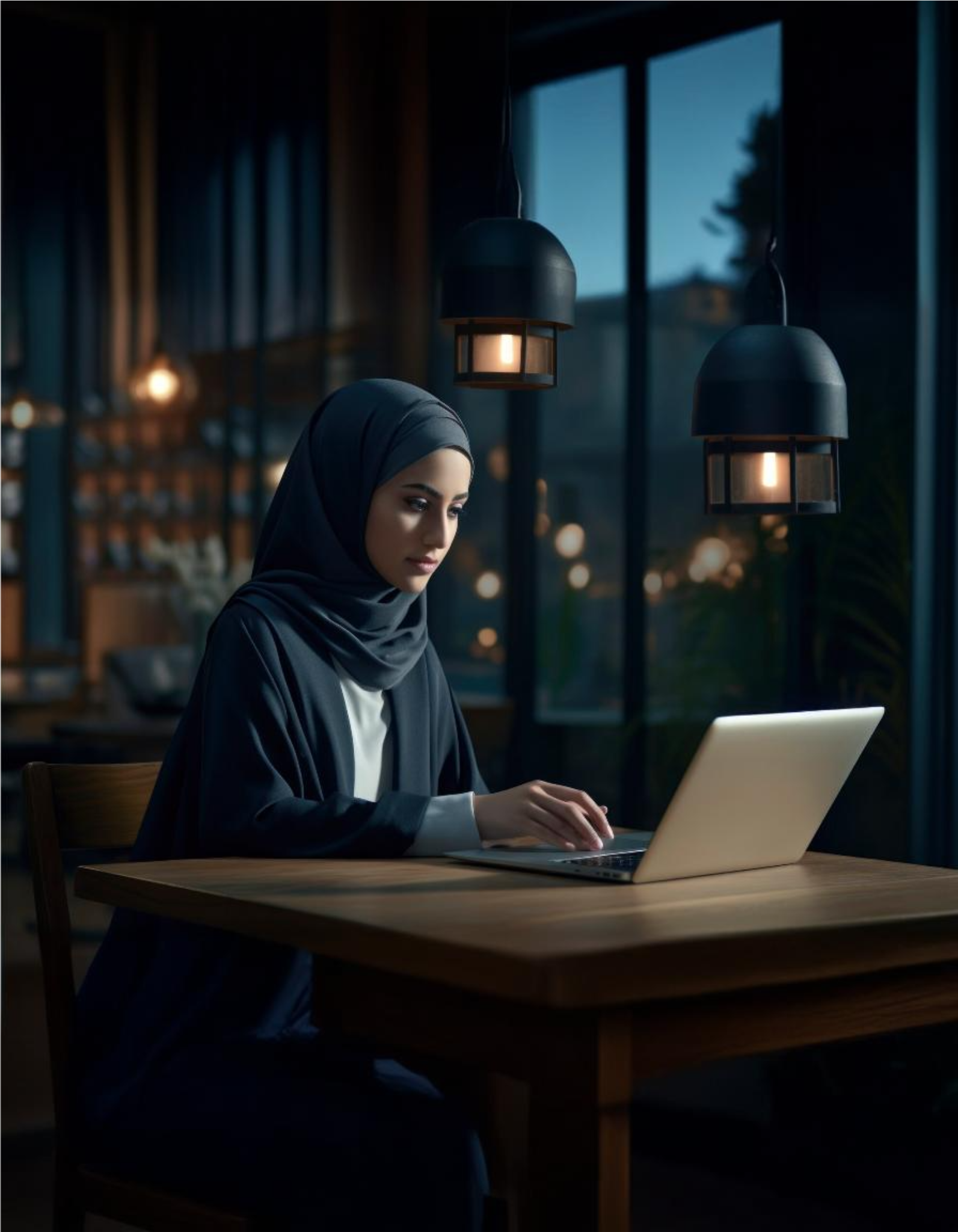 Muslim woman studying on laptop